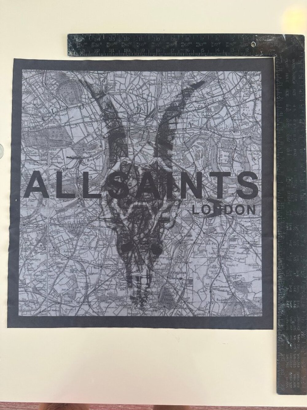 AllSaints London Map Ram Skull Scarf Black Gray Lightweight Square 18 Inch Silk